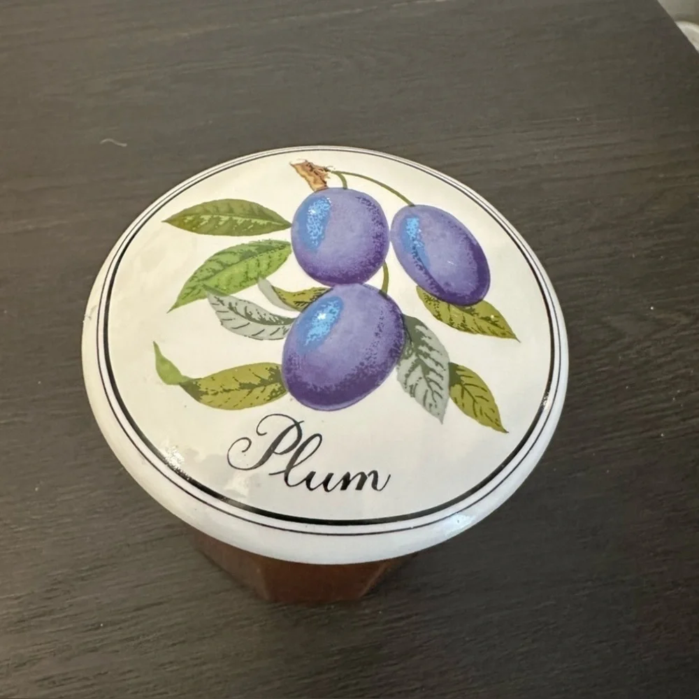 Vintage Plums Preserves Container by Gailstyn Sutton Jam Jar Ceramic Brown White